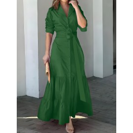 Stunning Ruffled Maxi Dress - Solid Button Front, Belted Waist, Elegant Ruched Sleeve, Flowy Design, Women's Clothing for Special Occasions