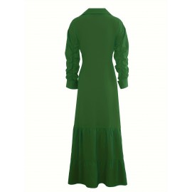 Stunning Ruffled Maxi Dress - Solid Button Front, Belted Waist, Elegant Ruched Sleeve, Flowy Design, Women's Clothing for Special Occasions