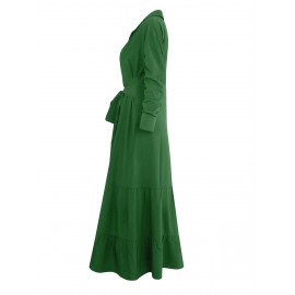 Stunning Ruffled Maxi Dress - Solid Button Front, Belted Waist, Elegant Ruched Sleeve, Flowy Design, Women's Clothing for Special Occasions