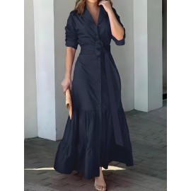 Stunning Ruffled Maxi Dress - Solid Button Front, Belted Waist, Elegant Ruched Sleeve, Flowy Design, Women's Clothing for Special Occasions