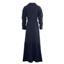 Stunning Ruffled Maxi Dress - Solid Button Front, Belted Waist, Elegant Ruched Sleeve, Flowy Design, Women's Clothing for Special Occasions