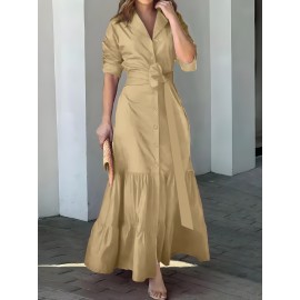 Stunning Ruffled Maxi Dress - Solid Button Front, Belted Waist, Elegant Ruched Sleeve, Flowy Design, Women's Clothing for Special Occasions