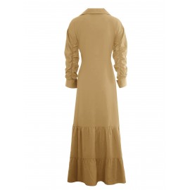 Stunning Ruffled Maxi Dress - Solid Button Front, Belted Waist, Elegant Ruched Sleeve, Flowy Design, Women's Clothing for Special Occasions