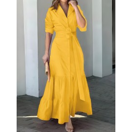 Stunning Ruffled Maxi Dress - Solid Button Front, Belted Waist, Elegant Ruched Sleeve, Flowy Design, Women's Clothing for Special Occasions