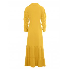 Stunning Ruffled Maxi Dress - Solid Button Front, Belted Waist, Elegant Ruched Sleeve, Flowy Design, Women's Clothing for Special Occasions