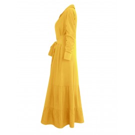 Stunning Ruffled Maxi Dress - Solid Button Front, Belted Waist, Elegant Ruched Sleeve, Flowy Design, Women's Clothing for Special Occasions