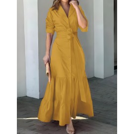 Stunning Ruffled Maxi Dress - Solid Button Front, Belted Waist, Elegant Ruched Sleeve, Flowy Design, Women's Clothing for Special Occasions