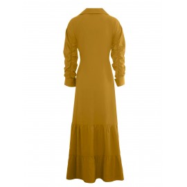 Stunning Ruffled Maxi Dress - Solid Button Front, Belted Waist, Elegant Ruched Sleeve, Flowy Design, Women's Clothing for Special Occasions