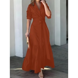 Stunning Ruffled Maxi Dress - Solid Button Front, Belted Waist, Elegant Ruched Sleeve, Flowy Design, Women's Clothing for Special Occasions
