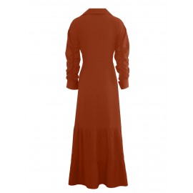 Stunning Ruffled Maxi Dress - Solid Button Front, Belted Waist, Elegant Ruched Sleeve, Flowy Design, Women's Clothing for Special Occasions