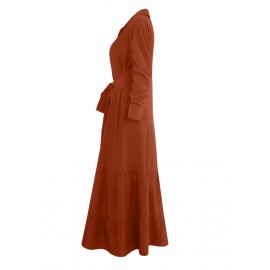 Stunning Ruffled Maxi Dress - Solid Button Front, Belted Waist, Elegant Ruched Sleeve, Flowy Design, Women's Clothing for Special Occasions