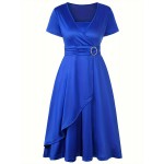 Elegant Long Length V-Neck Asymmetrical Hem Fitted Dress - Tie Waist, Skinny Rhinestoned, Short Sleeve, Polyester, Solid Color, Mid Elasticity - Perfect for Wedding, Occasion, Engagement, Ceremony, Evening Party, Vacation