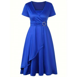 Elegant Long Length V-Neck Asymmetrical Hem Fitted Dress - Tie Waist, Skinny Rhinestoned, Short Sleeve, Polyester, Solid Color, Mid Elasticity - Perfect for Wedding, Occasion, Engagement, Ceremony, Evening Party, Vacation