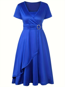 Elegant Long Length V-Neck Asymmetrical Hem Fitted Dress - Tie Waist, Skinny Rhinestoned, Short Sleeve, Polyester, Solid Color, Mid Elasticity - Perfect for Wedding, Occasion, Engagement, Ceremony, Evening Party, Vacation