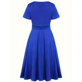 Elegant Long Length V-Neck Asymmetrical Hem Fitted Dress - Tie Waist, Skinny Rhinestoned, Short Sleeve, Polyester, Solid Color, Mid Elasticity - Perfect for Wedding, Occasion, Engagement, Ceremony, Evening Party, Vacation