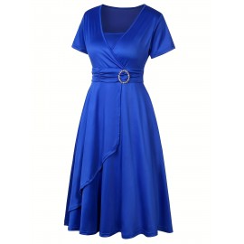 Elegant Long Length V-Neck Asymmetrical Hem Fitted Dress - Tie Waist, Skinny Rhinestoned, Short Sleeve, Polyester, Solid Color, Mid Elasticity - Perfect for Wedding, Occasion, Engagement, Ceremony, Evening Party, Vacation