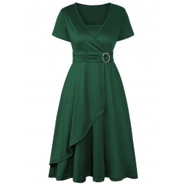 Elegant Long Length V-Neck Asymmetrical Hem Fitted Dress - Tie Waist, Skinny Rhinestoned, Short Sleeve, Polyester, Solid Color, Mid Elasticity - Perfect for Wedding, Occasion, Engagement, Ceremony, Evening Party, Vacation