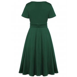 Elegant Long Length V-Neck Asymmetrical Hem Fitted Dress - Tie Waist, Skinny Rhinestoned, Short Sleeve, Polyester, Solid Color, Mid Elasticity - Perfect for Wedding, Occasion, Engagement, Ceremony, Evening Party, Vacation