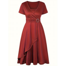 Elegant Long Length V-Neck Asymmetrical Hem Fitted Dress - Tie Waist, Skinny Rhinestoned, Short Sleeve, Polyester, Solid Color, Mid Elasticity - Perfect for Wedding, Occasion, Engagement, Ceremony, Evening Party, Vacation