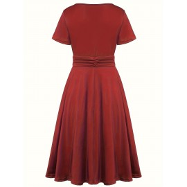 Elegant Long Length V-Neck Asymmetrical Hem Fitted Dress - Tie Waist, Skinny Rhinestoned, Short Sleeve, Polyester, Solid Color, Mid Elasticity - Perfect for Wedding, Occasion, Engagement, Ceremony, Evening Party, Vacation