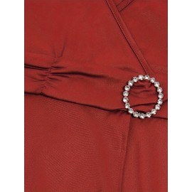 Elegant Long Length V-Neck Asymmetrical Hem Fitted Dress - Tie Waist, Skinny Rhinestoned, Short Sleeve, Polyester, Solid Color, Mid Elasticity - Perfect for Wedding, Occasion, Engagement, Ceremony, Evening Party, Vacation