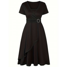 Elegant Long Length V-Neck Asymmetrical Hem Fitted Dress - Tie Waist, Skinny Rhinestoned, Short Sleeve, Polyester, Solid Color, Mid Elasticity - Perfect for Wedding, Occasion, Engagement, Ceremony, Evening Party, Vacation