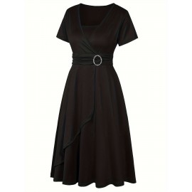 Elegant Long Length V-Neck Asymmetrical Hem Fitted Dress - Tie Waist, Skinny Rhinestoned, Short Sleeve, Polyester, Solid Color, Mid Elasticity - Perfect for Wedding, Occasion, Engagement, Ceremony, Evening Party, Vacation