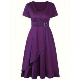Elegant Long Length V-Neck Asymmetrical Hem Fitted Dress - Tie Waist, Skinny Rhinestoned, Short Sleeve, Polyester, Solid Color, Mid Elasticity - Perfect for Wedding, Occasion, Engagement, Ceremony, Evening Party, Vacation