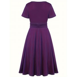 Elegant Long Length V-Neck Asymmetrical Hem Fitted Dress - Tie Waist, Skinny Rhinestoned, Short Sleeve, Polyester, Solid Color, Mid Elasticity - Perfect for Wedding, Occasion, Engagement, Ceremony, Evening Party, Vacation