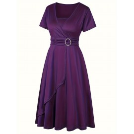 Elegant Long Length V-Neck Asymmetrical Hem Fitted Dress - Tie Waist, Skinny Rhinestoned, Short Sleeve, Polyester, Solid Color, Mid Elasticity - Perfect for Wedding, Occasion, Engagement, Ceremony, Evening Party, Vacation