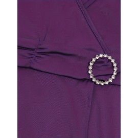 Elegant Long Length V-Neck Asymmetrical Hem Fitted Dress - Tie Waist, Skinny Rhinestoned, Short Sleeve, Polyester, Solid Color, Mid Elasticity - Perfect for Wedding, Occasion, Engagement, Ceremony, Evening Party, Vacation