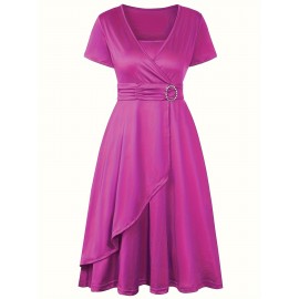 Elegant Long Length V-Neck Asymmetrical Hem Fitted Dress - Tie Waist, Skinny Rhinestoned, Short Sleeve, Polyester, Solid Color, Mid Elasticity - Perfect for Wedding, Occasion, Engagement, Ceremony, Evening Party, Vacation