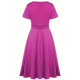 Elegant Long Length V-Neck Asymmetrical Hem Fitted Dress - Tie Waist, Skinny Rhinestoned, Short Sleeve, Polyester, Solid Color, Mid Elasticity - Perfect for Wedding, Occasion, Engagement, Ceremony, Evening Party, Vacation