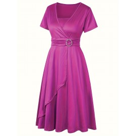Elegant Long Length V-Neck Asymmetrical Hem Fitted Dress - Tie Waist, Skinny Rhinestoned, Short Sleeve, Polyester, Solid Color, Mid Elasticity - Perfect for Wedding, Occasion, Engagement, Ceremony, Evening Party, Vacation