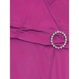 Elegant Long Length V-Neck Asymmetrical Hem Fitted Dress - Tie Waist, Skinny Rhinestoned, Short Sleeve, Polyester, Solid Color, Mid Elasticity - Perfect for Wedding, Occasion, Engagement, Ceremony, Evening Party, Vacation