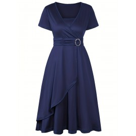 Elegant Long Length V-Neck Asymmetrical Hem Fitted Dress - Tie Waist, Skinny Rhinestoned, Short Sleeve, Polyester, Solid Color, Mid Elasticity - Perfect for Wedding, Occasion, Engagement, Ceremony, Evening Party, Vacation