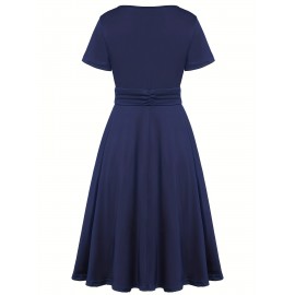 Elegant Long Length V-Neck Asymmetrical Hem Fitted Dress - Tie Waist, Skinny Rhinestoned, Short Sleeve, Polyester, Solid Color, Mid Elasticity - Perfect for Wedding, Occasion, Engagement, Ceremony, Evening Party, Vacation