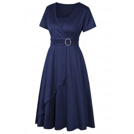 Elegant Long Length V-Neck Asymmetrical Hem Fitted Dress - Tie Waist, Skinny Rhinestoned, Short Sleeve, Polyester, Solid Color, Mid Elasticity - Perfect for Wedding, Occasion, Engagement, Ceremony, Evening Party, Vacation