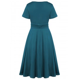 Elegant Long Length V-Neck Asymmetrical Hem Fitted Dress - Tie Waist, Skinny Rhinestoned, Short Sleeve, Polyester, Solid Color, Mid Elasticity - Perfect for Wedding, Occasion, Engagement, Ceremony, Evening Party, Vacation