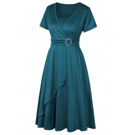 Elegant Long Length V-Neck Asymmetrical Hem Fitted Dress - Tie Waist, Skinny Rhinestoned, Short Sleeve, Polyester, Solid Color, Mid Elasticity - Perfect for Wedding, Occasion, Engagement, Ceremony, Evening Party, Vacation