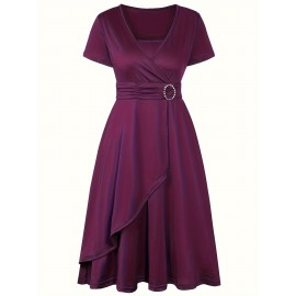 Elegant Long Length V-Neck Asymmetrical Hem Fitted Dress - Tie Waist, Skinny Rhinestoned, Short Sleeve, Polyester, Solid Color, Mid Elasticity - Perfect for Wedding, Occasion, Engagement, Ceremony, Evening Party, Vacation