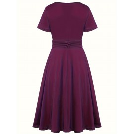 Elegant Long Length V-Neck Asymmetrical Hem Fitted Dress - Tie Waist, Skinny Rhinestoned, Short Sleeve, Polyester, Solid Color, Mid Elasticity - Perfect for Wedding, Occasion, Engagement, Ceremony, Evening Party, Vacation