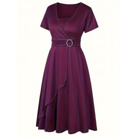 Elegant Long Length V-Neck Asymmetrical Hem Fitted Dress - Tie Waist, Skinny Rhinestoned, Short Sleeve, Polyester, Solid Color, Mid Elasticity - Perfect for Wedding, Occasion, Engagement, Ceremony, Evening Party, Vacation
