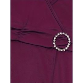 Elegant Long Length V-Neck Asymmetrical Hem Fitted Dress - Tie Waist, Skinny Rhinestoned, Short Sleeve, Polyester, Solid Color, Mid Elasticity - Perfect for Wedding, Occasion, Engagement, Ceremony, Evening Party, Vacation