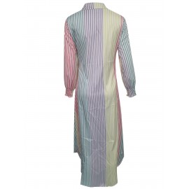 Chic Color Block Striped Shirt Dress - Long Sleeve Button Down Ankle Gown for Women - Comfortable Casual Everyday Wear, Trendy & Versatile
