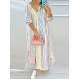 Chic Color Block Striped Shirt Dress - Long Sleeve Button Down Ankle Gown for Women - Comfortable Casual Everyday Wear, Trendy & Versatile