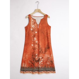 Flirty Floral Print Sleeveless Midi Dress - Effortlessly Chic Casual Style - Feminine Notched Neckline - Perfect for Summer Wardrobe - Womens Clothing