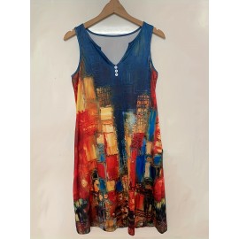 Flirty Floral Print Sleeveless Midi Dress - Effortlessly Chic Casual Style - Feminine Notched Neckline - Perfect for Summer Wardrobe - Womens Clothing