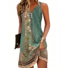 Flirty Floral Print Sleeveless Midi Dress - Effortlessly Chic Casual Style - Feminine Notched Neckline - Perfect for Summer Wardrobe - Womens Clothing