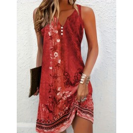 Flirty Floral Print Sleeveless Midi Dress - Effortlessly Chic Casual Style - Feminine Notched Neckline - Perfect for Summer Wardrobe - Womens Clothing